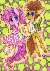 Size: 753x1062 | Tagged: dead source, safe, artist:jellybeanmouse, imported from derpibooru, doctor whooves, pinkie pie, time turner, oc, anthro, clothes, dress, pants, shirt, traditional art
