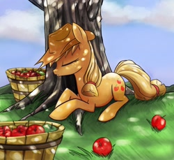 Size: 1800x1648 | Tagged: safe, artist:geminas0wng, imported from derpibooru, applejack, earth pony, pony, apple, cute, dappled sunlight, eyes closed, female, jackabetes, mare, profile, prone, sleeping, solo, tree