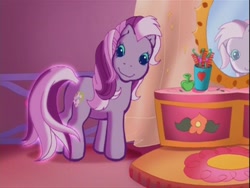 Size: 640x480 | Tagged: safe, imported from derpibooru, screencap, wysteria, the princess promenade, g3, glow, glowing, mane, mirror, pedal parlor, petal parlor, pretty, tail