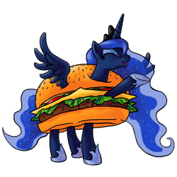 Size: 894x894 | Tagged: safe, artist:myminiatureequine, imported from derpibooru, princess luna, original species, burger, burger costume, cheeseburger, cheeseburger costume, clothes, costume, female, food, food costume, hamburger, hamburger costume, simple background, solo