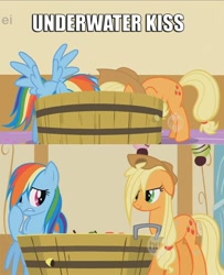 Size: 650x800 | Tagged: safe, edit, edited screencap, imported from derpibooru, screencap, applejack, rainbow dash, earth pony, pegasus, pony, party of one, appledash, blushing, caption, comic, ei, female, hub logo, image macro, implied kissing, kissing, lesbian, mare, out of context, shipping, wet mane