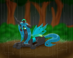 Size: 1198x952 | Tagged: safe, artist:livinlovindude, imported from derpibooru, queen chrysalis, changeling, changeling queen, crown, female, jewelry, rain, regalia, solo, wet mane