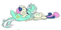 Size: 2971x1456 | Tagged: safe, artist:eggsammich, imported from derpibooru, bon bon, lyra heartstrings, sweetie drops, lyrabon, shipping, sleeping