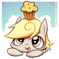 Size: 1000x1000 | Tagged: safe, artist:jopiter, imported from derpibooru, derpy hooves, pegasus, pony, chibi, cute, female, mare, muffin, solo, tongue out