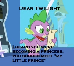 Size: 436x386 | Tagged: safe, edit, edited screencap, imported from derpibooru, screencap, spike, dragon, friendship is magic, caption, letter, male, meme, quill, spike's love letters, tongue out