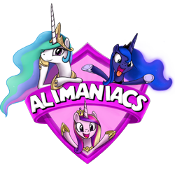 Size: 1024x1024 | Tagged: safe, artist:zoarvek, imported from derpibooru, princess cadance, princess celestia, princess luna, alicorn, pony, animaniacs, female, logo, looking at you, mare, parody, silly, silly princesses, simple background, tongue out, transparent background, trio, warner brothers