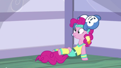 Size: 1110x623 | Tagged: safe, imported from derpibooru, screencap, pinkie pie, earth pony, pony, a friend in deed, headband, leg warmers, scrunchy face, sweatband, workout outfit, wristband