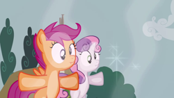 Size: 1280x720 | Tagged: safe, imported from derpibooru, screencap, scootaloo, sweetie belle, ponyville confidential, derp, scrunchy face