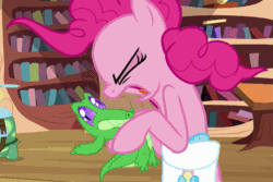 Size: 1077x720 | Tagged: safe, imported from derpibooru, screencap, gummy, pinkie pie, tank, just for sidekicks, animated, golden oaks library, library, yelling