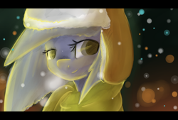 Size: 1590x1073 | Tagged: safe, artist:marisalle, imported from derpibooru, limestone pie, pony, clothes, female, hat, scarf, snow, snowfall, solo