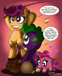 Size: 550x673 | Tagged: safe, artist:xjkenny, imported from derpibooru, pinkie pie, scootaloo, spike, pony, bipedal, pinkie bank, trio