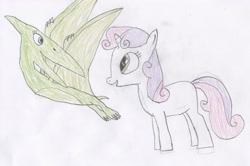 Size: 3137x2077 | Tagged: safe, artist:wesdaaman, imported from derpibooru, sweetie belle, pony, pteranodon, unicorn, claire corlett, crossover, dinosaur train, tiny pteranodon, traditional art