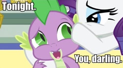 Size: 763x425 | Tagged: safe, edit, edited screencap, imported from derpibooru, screencap, rarity, spike, the crystal empire, aqua teen hunger force, bedroom eyes, caption, darling, female, image macro, male, shipping, sparity, straight, tonight you