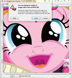 Size: 684x740 | Tagged: safe, imported from derpibooru, pinkie pie, earth pony, pony, female, gimp, microsoft windows, scaling warning message, solo, too big, wilber, windows