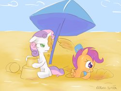 Size: 1200x900 | Tagged: dead source, safe, artist:alasou, imported from derpibooru, scootaloo, sweetie belle, beach, digging, sandcastle