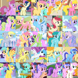 Size: 1000x1000 | Tagged: safe, edit, edited screencap, imported from derpibooru, screencap, amethyst star, berry punch, berryshine, bon bon, candy mane, carrot top, cherry berry, cloud kicker, daisy, derpy hooves, dizzy twister, flower wishes, golden harvest, lemon hearts, lightning bolt, lily, lily valley, linky, lyra heartstrings, merry may, minuette, orange swirl, parasol, rainbow dash, rainbowshine, rarity, roseluck, sassaflash, sea swirl, seafoam, shoeshine, spring melody, sprinkle medley, sunshower raindrops, sweetie drops, twinkleshine, white lightning, earth pony, pegasus, pony, unicorn, a bird in the hoof, applebuck season, call of the cutie, fall weather friends, friendship is magic, look before you sleep, sonic rainboom (episode), swarm of the century, the show stoppers, the ticket master, background pony, background pony chart, chart, collage, female, mare, opening