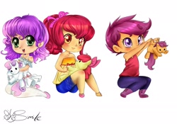Size: 2000x1400 | Tagged: safe, artist:daughter-of-fantasy, imported from derpibooru, apple bloom, scootaloo, sweetie belle, human, cutie mark crusaders, female, humanized, plushie