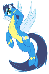 Size: 332x501 | Tagged: safe, artist:sketchbookworm, imported from derpibooru, soarin', clothes, flying, full body, goggles, salute, simple background, solo, spread wings, uniform, white background, wings, wonderbolts uniform