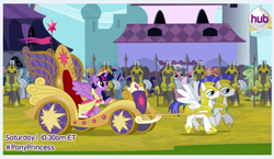 Size: 816x473 | Tagged: safe, imported from derpibooru, screencap, amberlocks, cloud kicker, elbow grease, lightning bolt, lyra heartstrings, minuette, paradise (crystal pony), rook ramparts, twilight sparkle, twinkleshine, white lightning, alicorn, crystal pony, pegasus, pony, magical mystery cure, clothes, coronation dress, dress, element of magic, female, mare, paradise (g4), pony history, royal guard, twilight sparkle (alicorn), twimobile