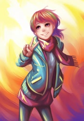 Size: 1116x1600 | Tagged: safe, artist:ninjaham, imported from derpibooru, rainbow dash, human, abstract background, clothes, female, humanized, jacket, peace sign, scarf, solo