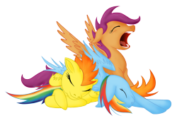 Size: 1800x1200 | Tagged: safe, artist:dreamscape195, imported from derpibooru, rainbow dash, scootaloo, spitfire, pegasus, pony, cuddle puddle, cuddling, eyes closed, pony pile, simple background, snuggling, transparent background, trio, yawn