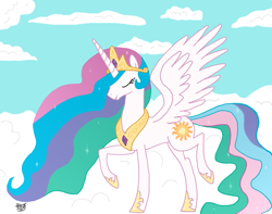 Size: 3047x2403 | Tagged: safe, artist:erinbaka1090, imported from derpibooru, princess celestia, pony, cloud, cloudy, female, sky, solo