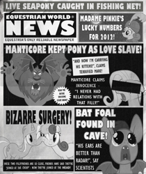 Size: 555x661 | Tagged: safe, artist:tenaflyviper, imported from derpibooru, bon bon, fluttershy, lyra heartstrings, manny roar, pinkie pie, sweetie drops, manticore, bat boy, newspaper, parody, tabloid, weekly world news