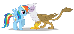 Size: 850x400 | Tagged: safe, artist:mixermike622, imported from derpibooru, gilda, rainbow dash, griffon, female, gildash, griffon x pony, interspecies, kissing, lesbian, shipping, simple background, transparent background, tsundere, vector