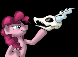 Size: 1199x888 | Tagged: dead source, safe, artist:itsaaudraw, imported from derpibooru, discord, pinkie pie, earth pony, pony, alas poor yorick, bipedal, dead, female, hamlet, mare, parody, simple background, skull, solo