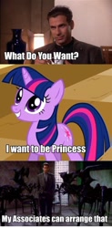 Size: 476x967 | Tagged: safe, imported from derpibooru, screencap, twilight sparkle, pony, unicorn, magical mystery cure, babylon 5, crossover, dialogue, female, grammar error, mare, mr morden, offscreen character, unicorn twilight, what do you want