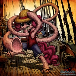 Size: 2631x2632 | Tagged: safe, artist:metadragonart, imported from derpibooru, pinkie pie, crossover, elastic, gomu gomu no mi, monkey d luffy, monkey d. luffy, nightmare fuel, one piece