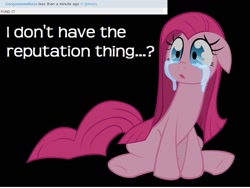 Size: 933x700 | Tagged: safe, imported from derpibooru, pinkie pie, derpibooru, crying, meta, pinkamena diane pie, reputation bar, sad, text