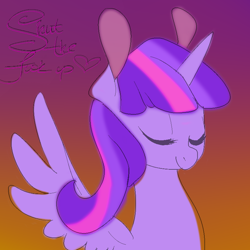 Size: 800x800 | Tagged: safe, artist:fluttercharm, imported from derpibooru, twilight sparkle, alicorn, pony, magical mystery cure, alicorn drama, female, gradient background, mare, solo, stfu, twilight sparkle (alicorn), vulgar