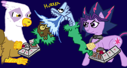 Size: 936x504 | Tagged: safe, artist:ficficponyfic, imported from derpibooru, gilda, twilight sparkle, griffon, alternate hairstyle, blue-eyes white dragon, card, cosplay, crossover, mock war day, yu-gi-oh!