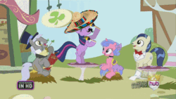 Size: 560x315 | Tagged: safe, edit, edited screencap, imported from derpibooru, screencap, caesar, count caesar, royal ribbon, savoir fare, twilight sparkle, earth pony, pony, unicorn, magical mystery cure, animated, dancing, female, horte cuisine, male, maracas, mare, mexican, musical instrument, sombrero, stallion