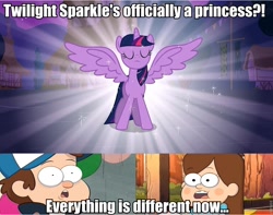 Size: 960x758 | Tagged: safe, edit, edited screencap, imported from derpibooru, screencap, twilight sparkle, alicorn, pony, magical mystery cure, season 3, dipper pines, female, gravity falls, image macro, mabel pines, mare, princess, spread wings, time traveler's pig, twilight sparkle (alicorn), wings