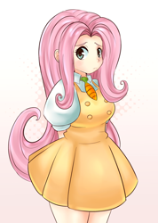 Size: 600x844 | Tagged: safe, artist:chelostracks, imported from derpibooru, fluttershy, human, clothes, costume, dress, female, food costume, humanized, necktie, skirt, solo