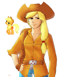 Size: 589x765 | Tagged: safe, artist:gwatsinanggo, imported from derpibooru, applejack, human, clothes, female, humanized, simple background, solo, white background