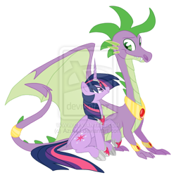 Size: 1683x1674 | Tagged: safe, artist:azul-j, imported from derpibooru, spike, twilight sparkle, alicorn, pony, magical mystery cure, adult spike, older, older spike, twilight sparkle (alicorn), wings, wip