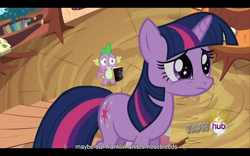 Size: 1024x640 | Tagged: safe, imported from derpibooru, screencap, spike, twilight sparkle, magical mystery cure, youtube caption