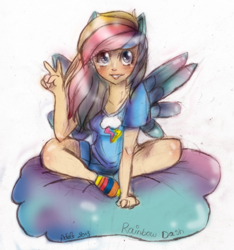 Size: 1404x1500 | Tagged: safe, artist:eden-tic, imported from derpibooru, rainbow dash, human, cloud, eared humanization, female, humanized, solo, winged humanization