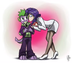 Size: 1200x1050 | Tagged: safe, artist:glancojusticar, imported from derpibooru, rarity, spike, anthro, blushing, cheek kiss, clothes, female, fire ruby, humanized, kiss on the cheek, kissing, male, pantyhose, shipping, sparity, straight