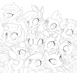 Size: 1280x1213 | Tagged: dead source, safe, artist:loyaldis, imported from derpibooru, apple bloom, applejack, babs seed, fluttershy, pinkie pie, rainbow dash, rarity, scootaloo, spike, sweetie belle, twilight sparkle, cutie mark crusaders, group shot, lineart, mane seven, mane six, wip