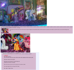 Size: 1250x1175 | Tagged: source needed, useless source url, safe, imported from derpibooru, applejack, pinkie pie, princess luna, rainbow dash, rarity, spike, sunset shimmer, twilight sparkle, alicorn, pony, unicorn, /mlp/, 4chan, 4chan screencap, brushable, insane fan theory, mask, speculation, toy, toy fair, twilight sparkle (alicorn)