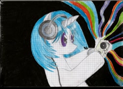 Size: 2338x1700 | Tagged: safe, imported from derpibooru, dj pon-3, vinyl scratch, pony, unicorn, crayon, female, grid paper, headphones, hoof hold, music, pencil drawing, solo, traditional art