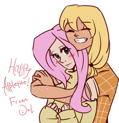 Size: 500x515 | Tagged: safe, artist:brightworks, imported from derpibooru, applejack, fluttershy, human, appleshy, blushing, female, hug, humanized, lesbian, missing accessory, shipping