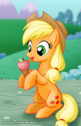 Size: 700x1082 | Tagged: safe, artist:scorchie-critter, imported from derpibooru, applejack, earth pony, pony, apple, cute, female, food, hoof hold, ice cream, jackabetes, mare, sitting, solo