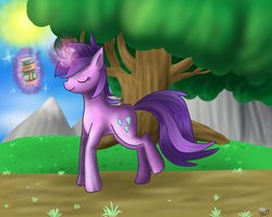 Size: 250x200 | Tagged: artist needed, source needed, safe, artist:vitafluttershy, imported from derpibooru, amethyst star, sparkler, unicorn, day, eyes closed, female, magic, mare, peanut butter, picture for breezies, solo, sun, that pony sure loves peanut butter, tree