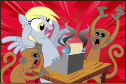 Size: 719x478 | Tagged: safe, artist:montyrohde, imported from derpibooru, derpy hooves, monkey, pegasus, pony, female, mare, typewriter