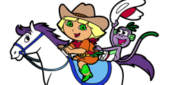 Size: 604x298 | Tagged: safe, imported from derpibooru, applejack, rarity, spike, horse, human, monkey, boots, boots the monkey, cowboy hat, crossover, dora márquez, dora the explorer, hat, hoers, humanized, pimp hat, race swap, recolor, riding, species swap